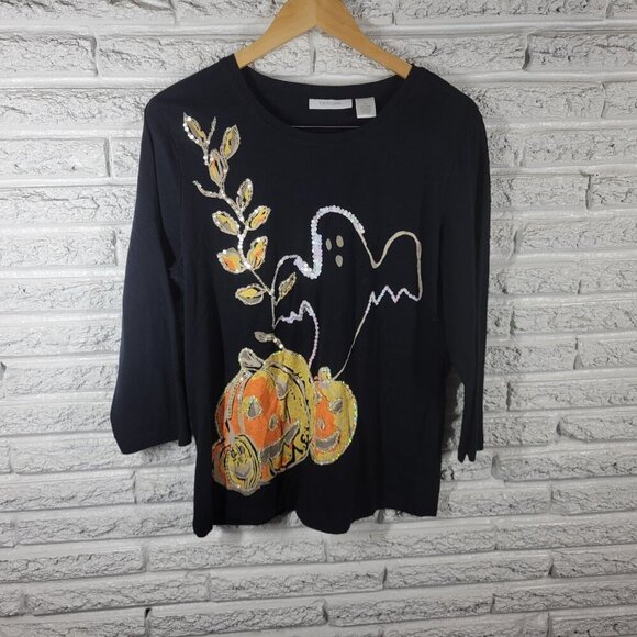 Tantrums Tops - Tantrums Women's XL Halloween Top Black Sequin Jack-O-Lantern Shirt NOV77E